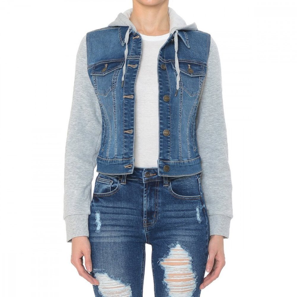 Fleece Sleeve and Hood Denim Jacket - Medi…